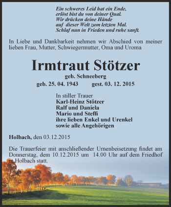 Traueranzeige von Irmtraut Stötzer von Thüringer Allgemeine
