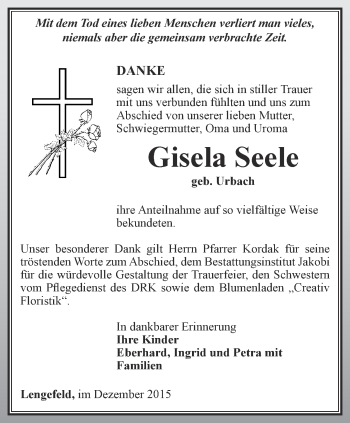 Traueranzeige von Gisela Seele von Thüringer Allgemeine, Thüringische Landeszeitung