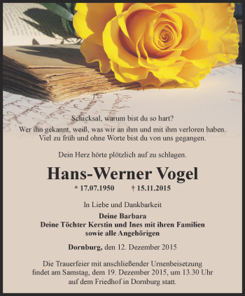 Traueranzeige von Hans-Werner Vogel von Ostthüringer Zeitung, Thüringische Landeszeitung