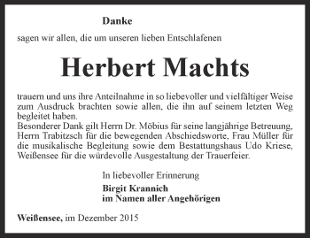 Traueranzeige von Herbert Machts von Thüringer Allgemeine