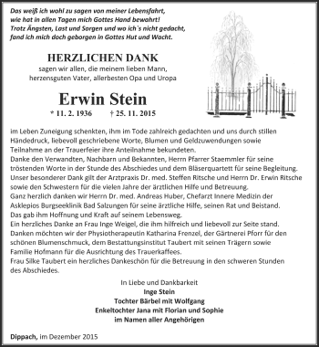 Traueranzeige von Erwin Stein von Thüringer Allgemeine, Thüringische Landeszeitung