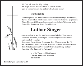 Traueranzeige von Lothar Singer von Ostthüringer Zeitung