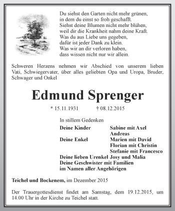 Traueranzeige von Edmund Sprenger von Ostthüringer Zeitung