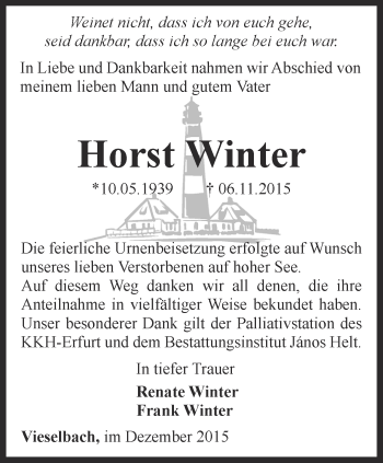 Traueranzeige von Horst Winter von Thüringer Allgemeine, Thüringische Landeszeitung