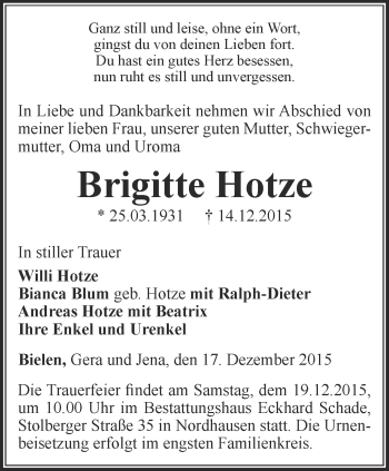 Traueranzeige von Brigitte Hotze von Thüringer Allgemeine