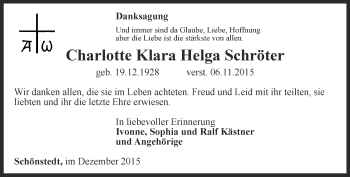 Traueranzeige von Charlotte Klara Helga Schröter von Thüringer Allgemeine, Thüringische Landeszeitung