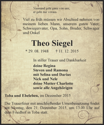 Traueranzeige von Theo Siegel von Thüringer Allgemeine