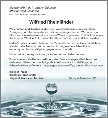 Traueranzeige von Wilfried Rheinländer von Thüringer Allgemeine