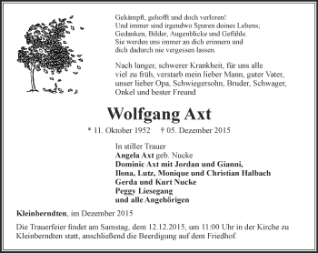 Traueranzeige von Wolfgang Axt von Thüringer Allgemeine