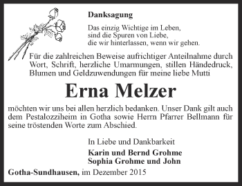 Traueranzeige von Erna Melzer von Ostthüringer Zeitung, Thüringische Landeszeitung