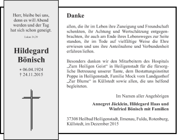 Traueranzeige von Hildegard Bönisch von Thüringer Allgemeine