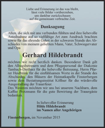 Traueranzeige von Gerhard Hildebrandt von Ostthüringer Zeitung, Thüringische Landeszeitung