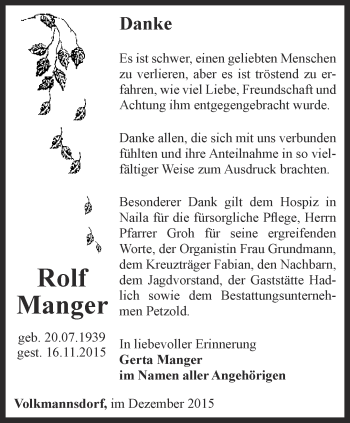 Traueranzeige von Rolf Manger von Ostthüringer Zeitung