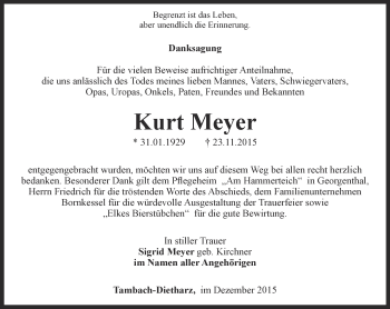 Traueranzeige von Kurt Meyer