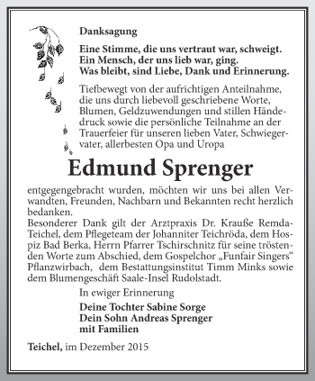 Traueranzeige von Edmund Sprenger von Ostthüringer Zeitung