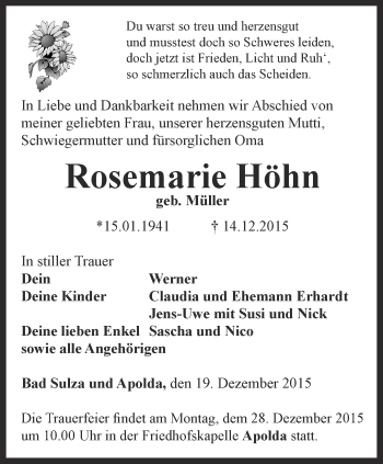 Traueranzeige von Rosemarie Höhn von Thüringer Allgemeine, Thüringische Landeszeitung