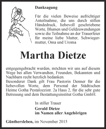 Traueranzeige von Martha Dietze von Ostthüringer Zeitung, Thüringische Landeszeitung