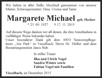 Traueranzeige von Margarete Michael von Thüringer Allgemeine, Thüringische Landeszeitung