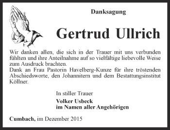 Traueranzeige von Gertrud Ullrich von Ostthüringer Zeitung, Thüringische Landeszeitung