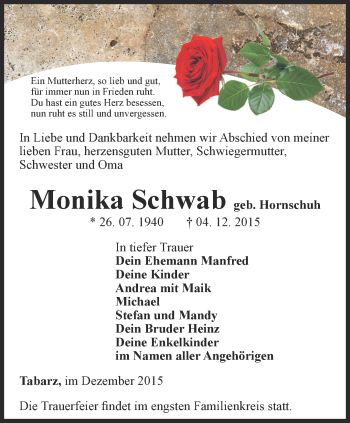 Traueranzeige von Monika Schwab von Ostthüringer Zeitung, Thüringische Landeszeitung