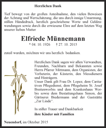 Traueranzeige von Elfriede Münnemann von Thüringer Allgemeine