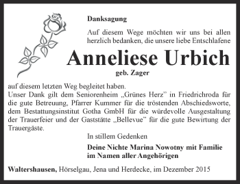 Traueranzeige von Anneliese Urbich von Ostthüringer Zeitung, Thüringische Landeszeitung