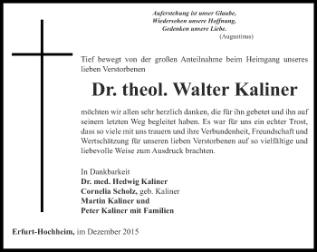 Traueranzeige von Walter Kaliner von Thüringer Allgemeine, Thüringische Landeszeitung