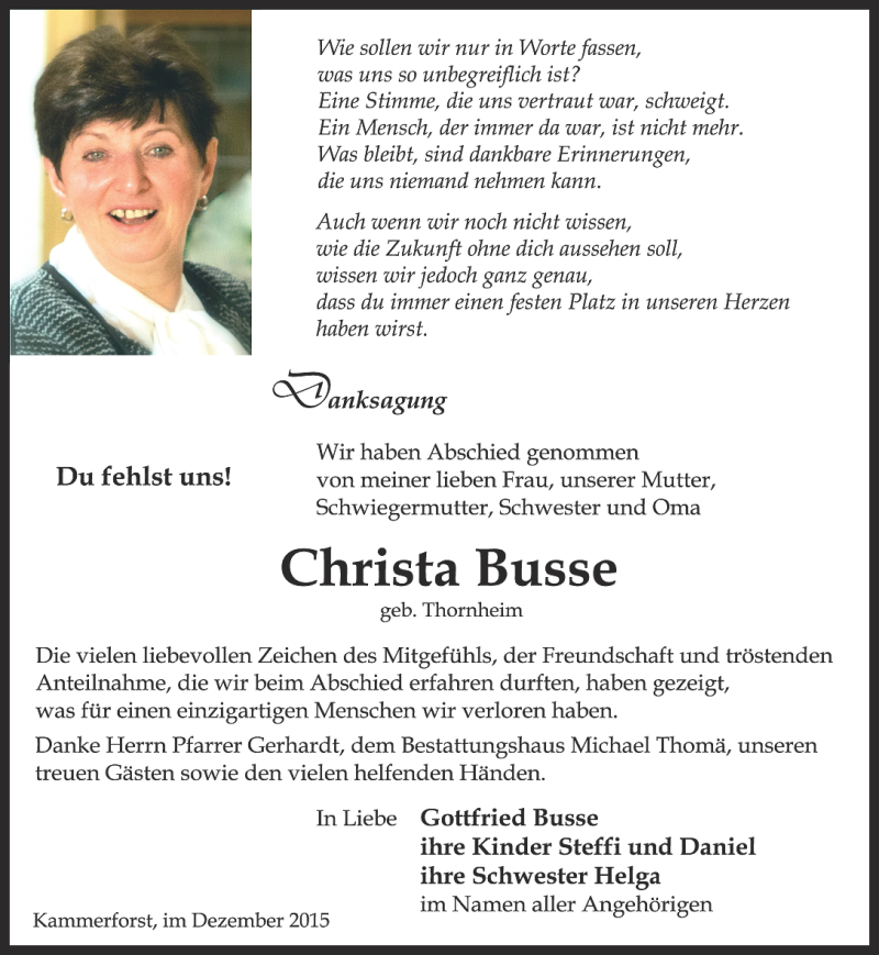  Traueranzeige für Christa Busse vom 31.12.2015 aus Thüringer Allgemeine, Thüringische Landeszeitung