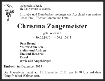 Traueranzeige von Christina Zangemeister von Ostthüringer Zeitung, Thüringische Landeszeitung