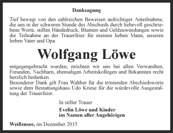 Traueranzeige von Wolfgang Löwe von Thüringer Allgemeine