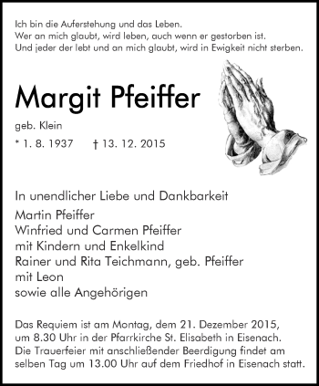 Traueranzeige von Margit Pfeiffer von Thüringer Allgemeine, Thüringische Landeszeitung