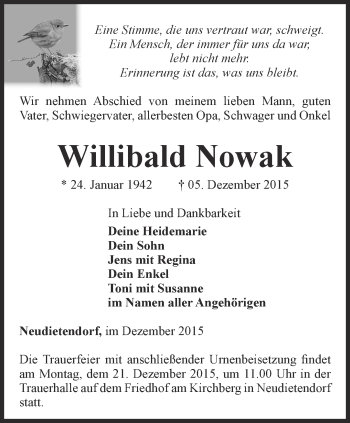 Traueranzeige von Willibald Nowak von Thüringer Allgemeine, Thüringische Landeszeitung