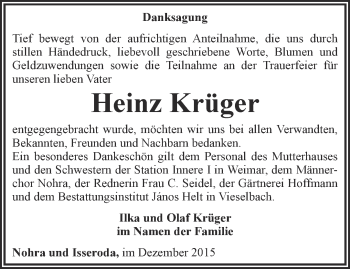 Traueranzeige von Heinz Krüger von Thüringer Allgemeine, Thüringische Landeszeitung