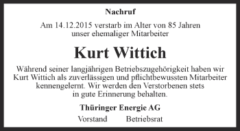 Traueranzeige von Kurt Wittich von Thüringer Allgemeine, Thüringische Landeszeitung