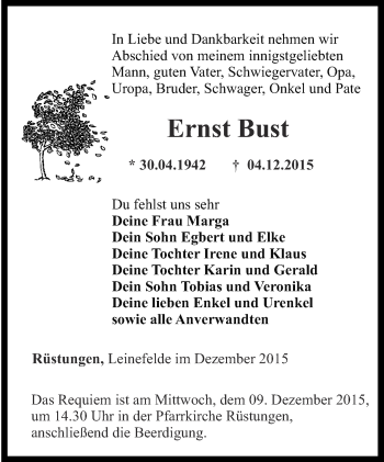 Traueranzeige von Ernst Bust von Thüringer Allgemeine