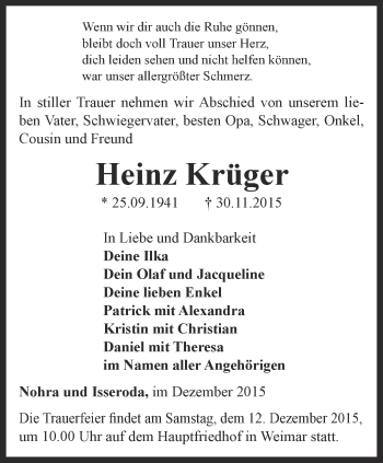 Traueranzeige von Heinz Krüger von Thüringer Allgemeine, Thüringische Landeszeitung