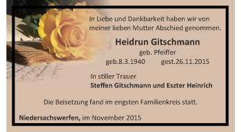 Traueranzeige von Heidrun Gitschmann von Thüringer Allgemeine