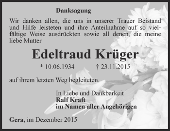 Traueranzeige von Edeltraud Krüger von Ostthüringer Zeitung