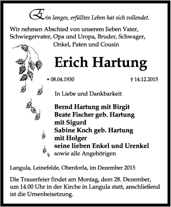 Traueranzeige von Erich Hartung von Thüringer Allgemeine, Thüringische Landeszeitung