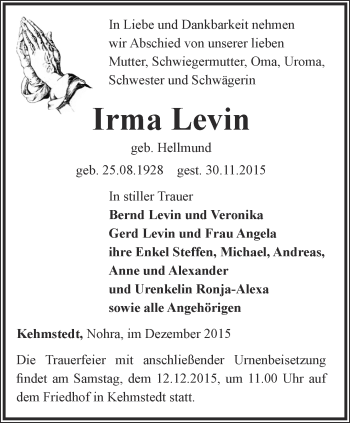 Traueranzeige von Irma Levin von Thüringer Allgemeine