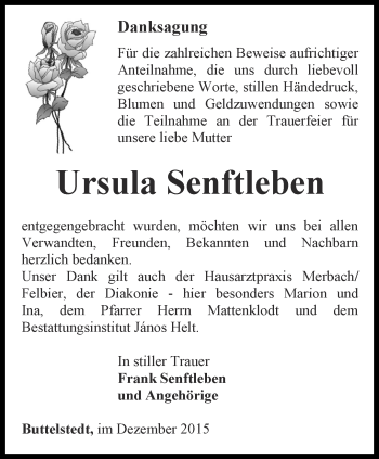 Traueranzeige von Ursula Senftleben von Thüringer Allgemeine, Thüringische Landeszeitung