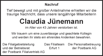 Traueranzeige von Claudia Jünemann von Thüringer Allgemeine, Thüringische Landeszeitung