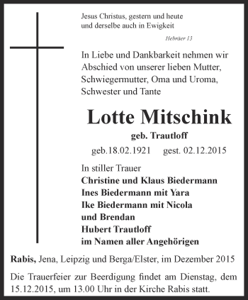 Traueranzeige von Lotte Mitschink von Ostthüringer Zeitung