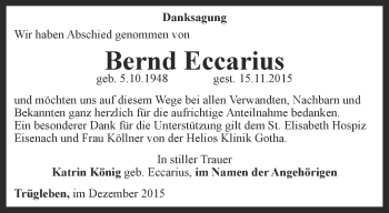 Traueranzeige von Bernd Eccarius von Ostthüringer Zeitung, Thüringische Landeszeitung