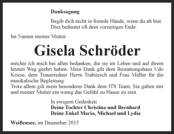 Traueranzeige von Gisela Schröder von Thüringer Allgemeine