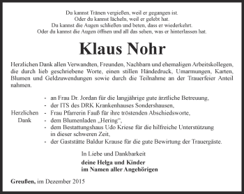 Traueranzeige von Klaus Nohr  von Thüringer Allgemeine