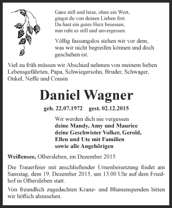 Traueranzeige von Daniel Wagner von Thüringer Allgemeine