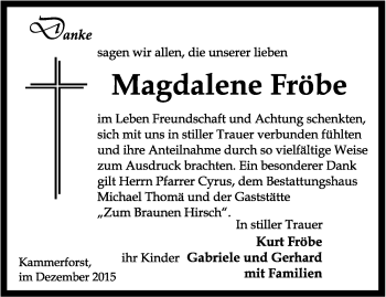 Traueranzeige von Magdalene Fröbe von Thüringer Allgemeine, Thüringische Landeszeitung