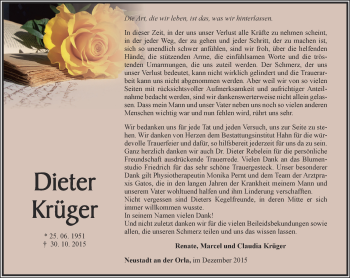 Traueranzeige von Dieter Krüger von Ostthüringer Zeitung