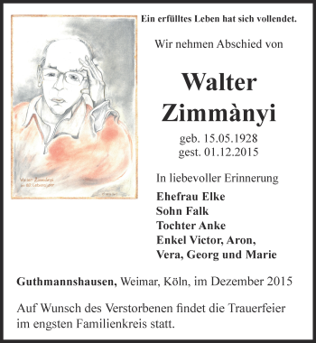 Traueranzeige von Walter Zimmànyi von Thüringer Allgemeine